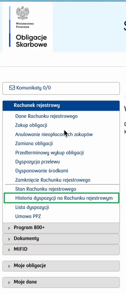 Menu boczne serwisu z zaznaczoną pozycją Historia dyspozycji na Rachunku rejestrowym
