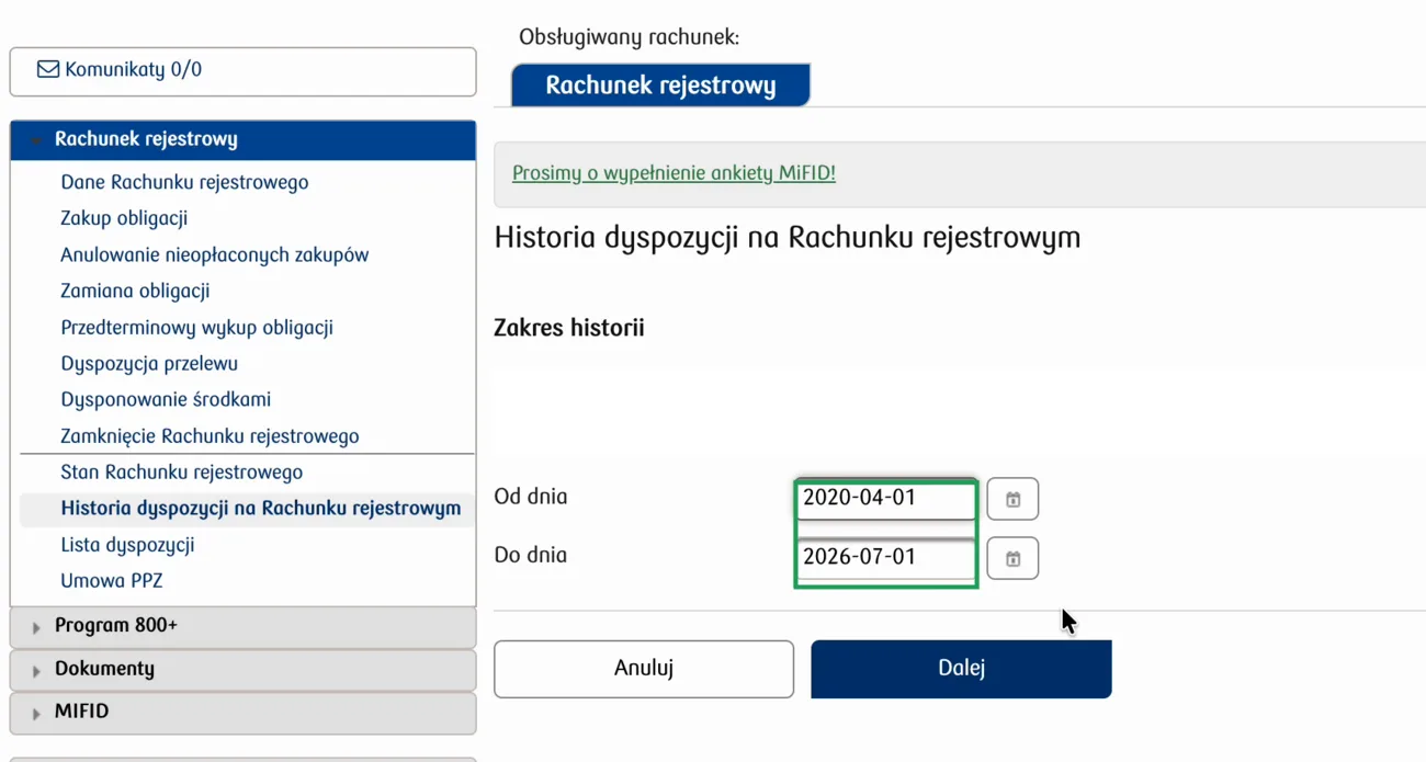 Formularz Zakres historii z zakresem dat ustawionym na kilka lat wstecz