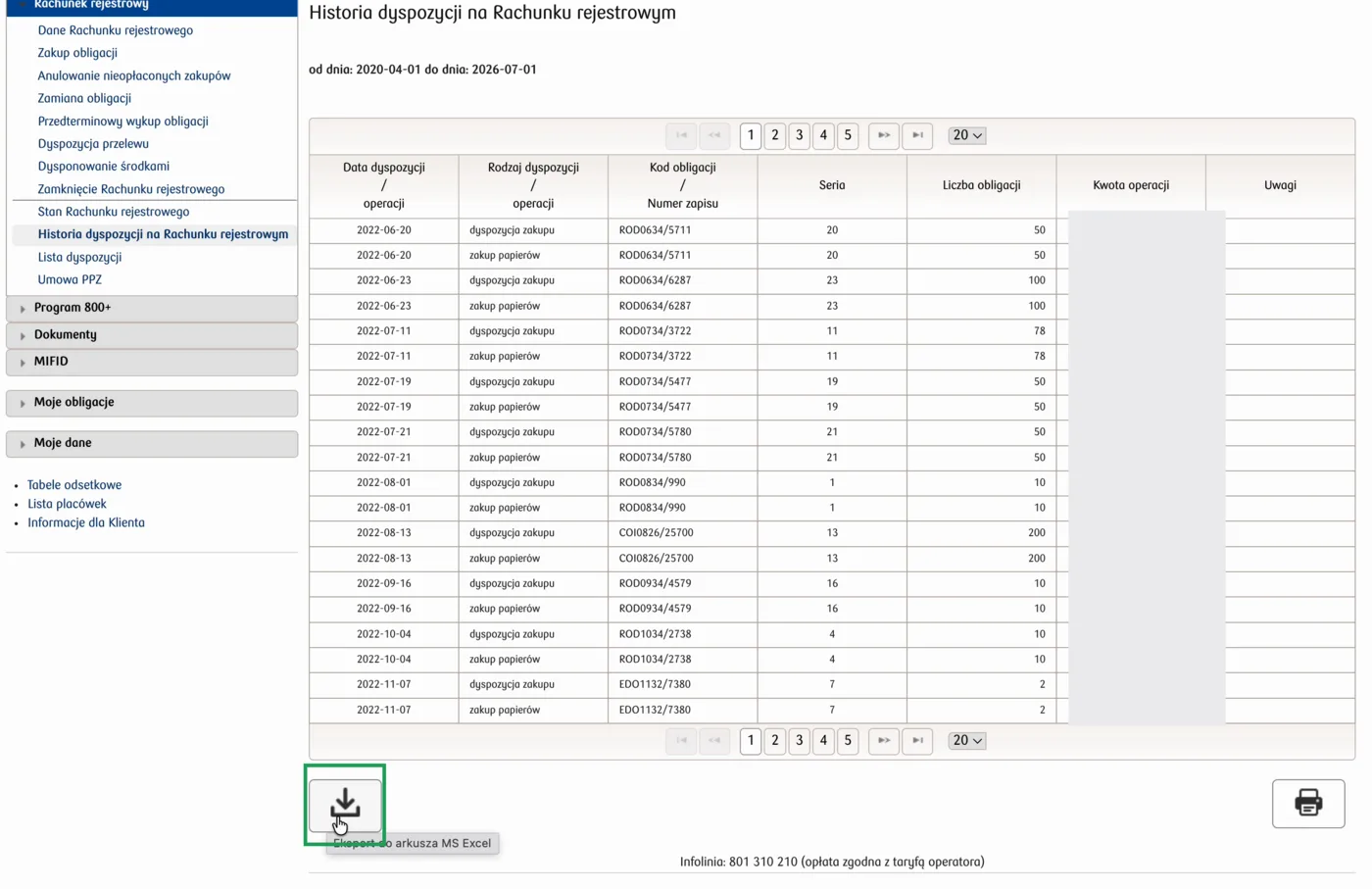 Tabela historii dyspozycji z zaznaczonym przyciskiem Eksport do arkusza MS Excel